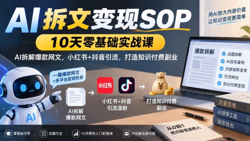 AI拆文变现SOP|10天零基础实战课,AI拆解爆款网文,小红书+抖音引流,打造知识付费副业-三零资源