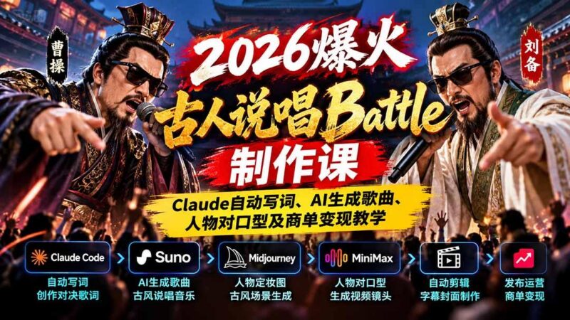 2026爆火古人说唱Battle制作课:Claude自动写词、AI生成歌曲、人物对口型及商单变现教学