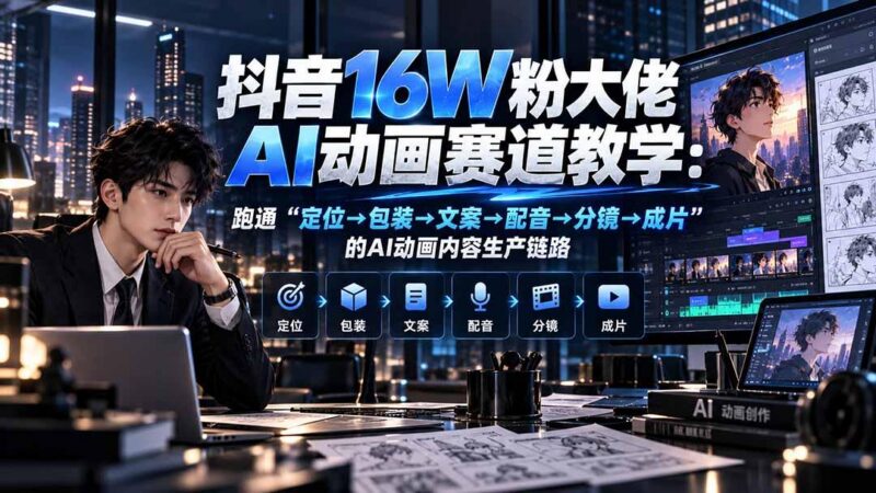 抖音16W粉大佬规则门禁AI动画赛道教学:跑通“定位→包装→文案→配音→分镜→成片”的AI动画内容生产链路-三零资源