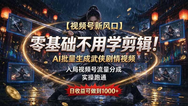 【视频号新风口】零基础不用学剪辑!AI 批量生成武侠剧情视频,入局视频号流量分成,实操跑通,日收益可做到 1000+-三零资源