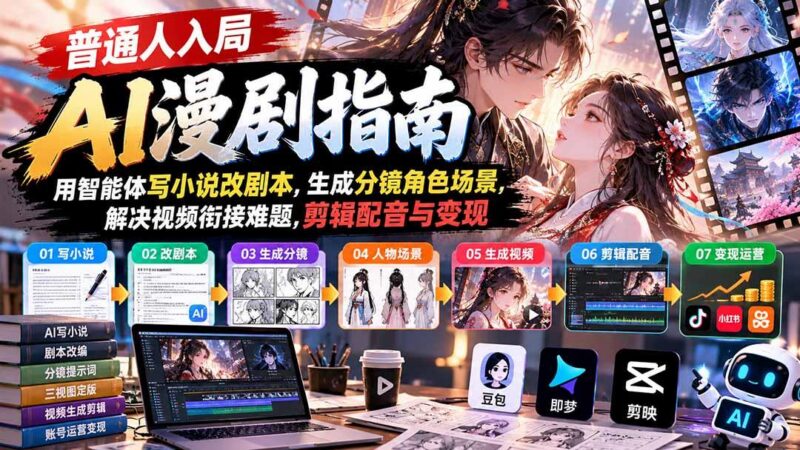 【无水印】普通人入局AI漫剧指南:用智能体写小说改剧本,生成分镜角色场景,解决视频衔接难题,剪辑配音与变现-三零资源