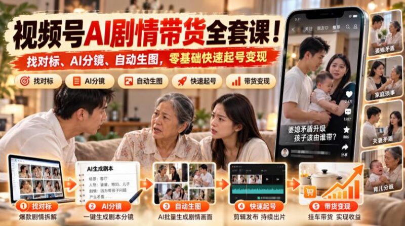 视频号AI剧情带货全套课!找对标、AI分镜、自动生图,零基础快速起号变现 三零资源-三零资源