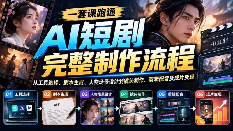 一套课跑通AI短剧完整制作流程:从工具选择、剧本生成、人物场景设计到镜头制作、剪辑配音及成片变现-三零资源