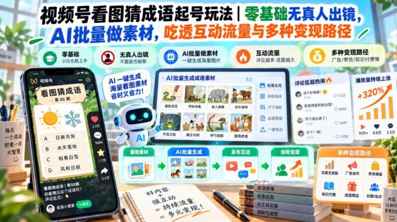 视频号看图猜成语起号玩法|零基础无真人出镜,AI批量做素材,吃透互动流量与多种变现路径 三零资源-三零资源