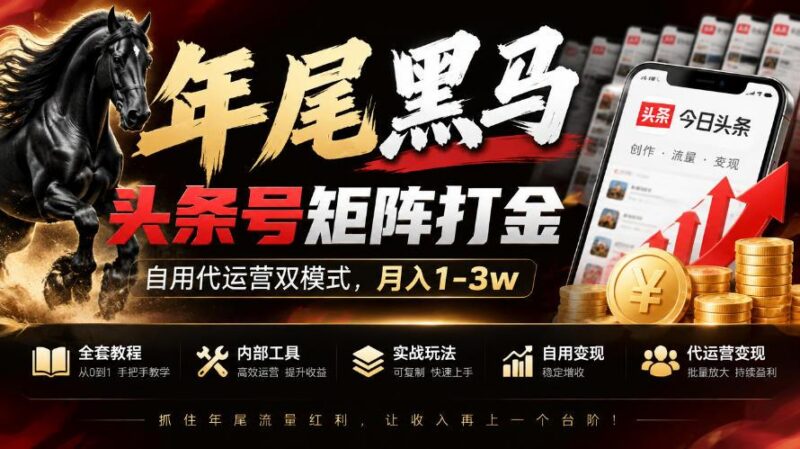 【年尾黑马】头条号矩阵打金，自用代运营双模式，月入1-3w，附全套教程及内部工具【揭秘】-三零资源
