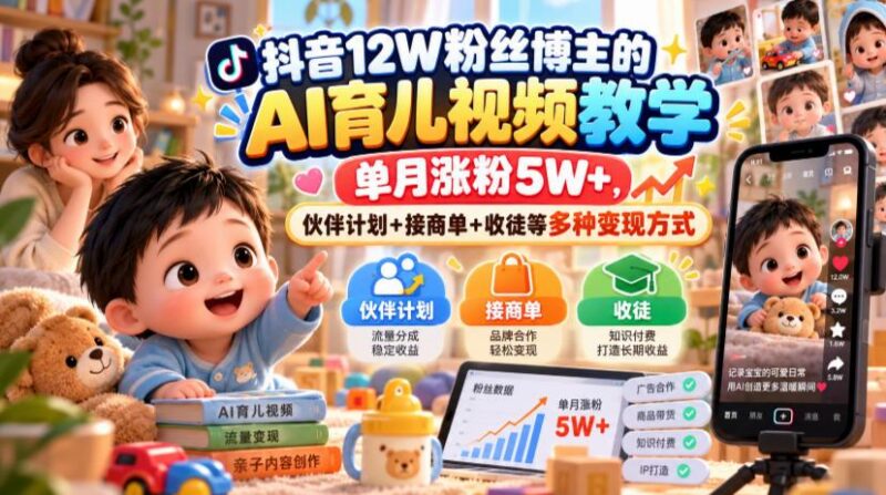 抖音12W粉丝博主的AI育儿视频教学,单月涨粉5W+,伙伴计划+接商单+收徒等多种变现方式-三零资源