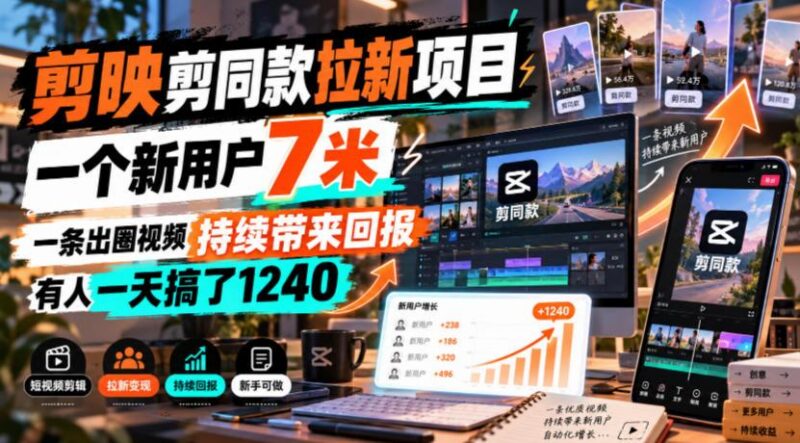 剪映剪同款拉新项目,一个新用户7米,一条出圈视频持续带来回报,有人一天搞了1240-三零资源