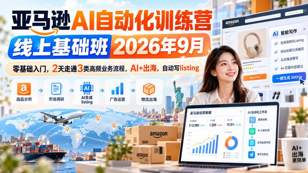 亚马逊AI自动化训练营线上基础班2026年9月，零基础入门，2天走通3类高频业务流程，AI+出海，自动写listing（更新1017）