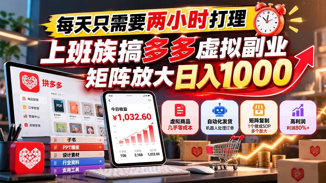 每天只需要两小时打理,上班族搞多多虚拟副业,矩阵放大日入 1000