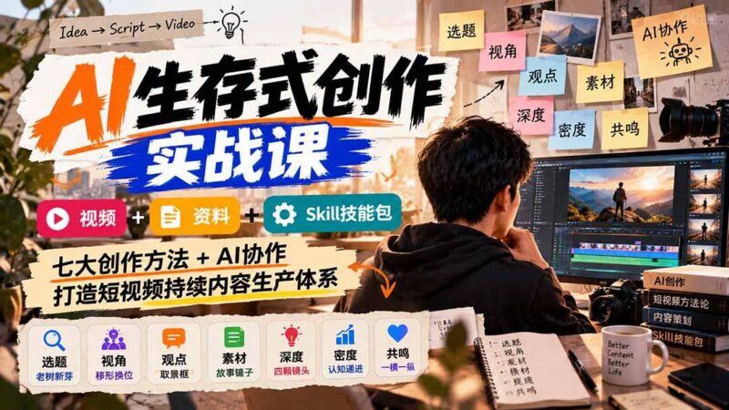 AI生存式创作实战课:视频+资料+Skill技能包,七大创作方法+AI协作,打造短视频持续内容生产体系-三零资源