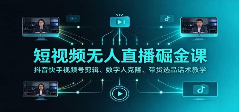 短视频无人直播掘金课：抖音快手视频号剪辑、数字人克隆、带货选品话术教学 三零资源-三零资源