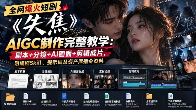 全网爆火短剧《失焦》AIGC制作完整教学:剧本+分镜+AI画面+剪辑成片,附编剧Skill、提示词及资产库指令资料-三零资源