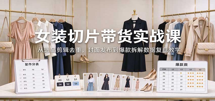 女装切片带货实战课：从选品剪辑去重，封面发布到爆款拆解数据复盘教学