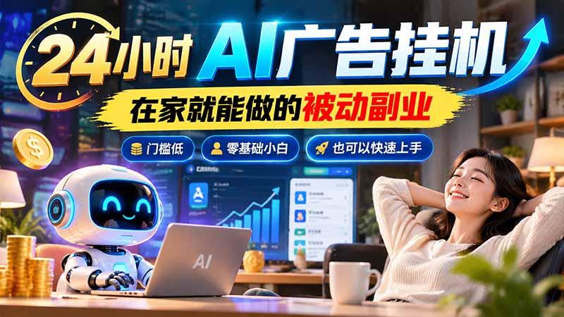 24小时AI广告挂机｜在家就能做的被动副业，门槛低，零基础小白也可以快速上手 三零资源-三零资源